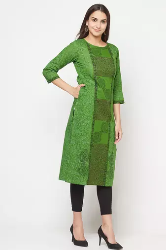 cotton block print straight kurta,green,(s,m,l,xl,2xl,3xl)