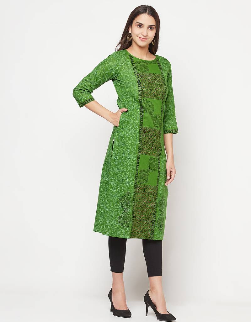 cotton block print straight kurta,green,(s,m,l,xl,2xl,3xl)