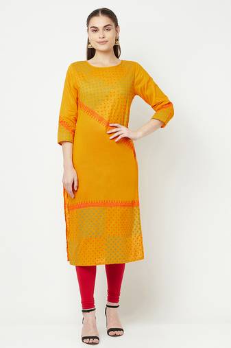 cotton block print straight kurta mustard