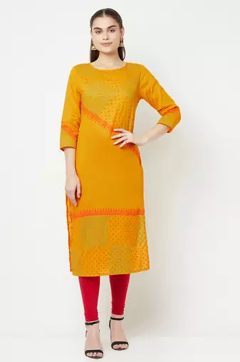 cotton block print straight kurta,mustard,(s,m,l,xl,2xl,3xl)