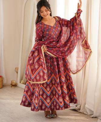 Women's maroon printed anarkali gown suit with gota patti dupatta 1