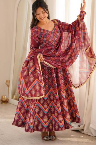 Women's maroon printed anarkali gown suit with gota patti dupatta