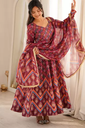 Women's maroon printed anarkali gown suit with gota patti dupatta