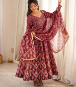 Women's maroon printed anarkali gown suit with gota patti dupatta