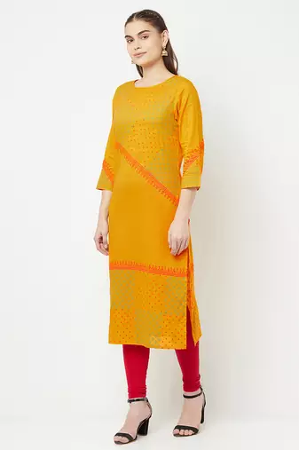 cotton block print straight kurta,mustard,(s,m,l,xl,2xl,3xl)
