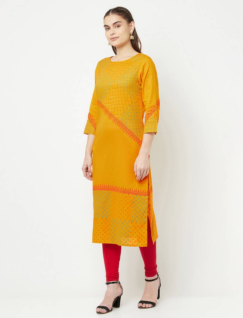cotton block print straight kurta,mustard,(s,m,l,xl,2xl,3xl)