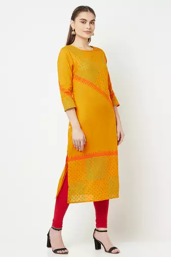 cotton block print straight kurta,mustard,(s,m,l,xl,2xl,3xl)