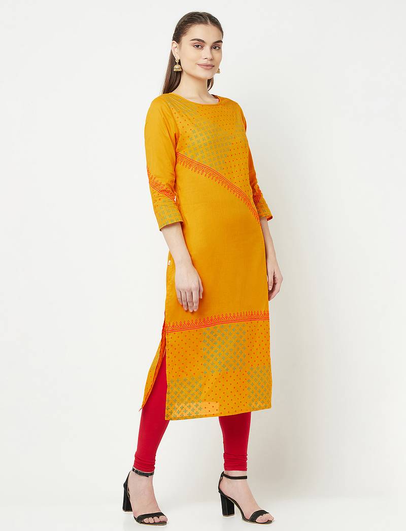cotton block print straight kurta,mustard,(s,m,l,xl,2xl,3xl)