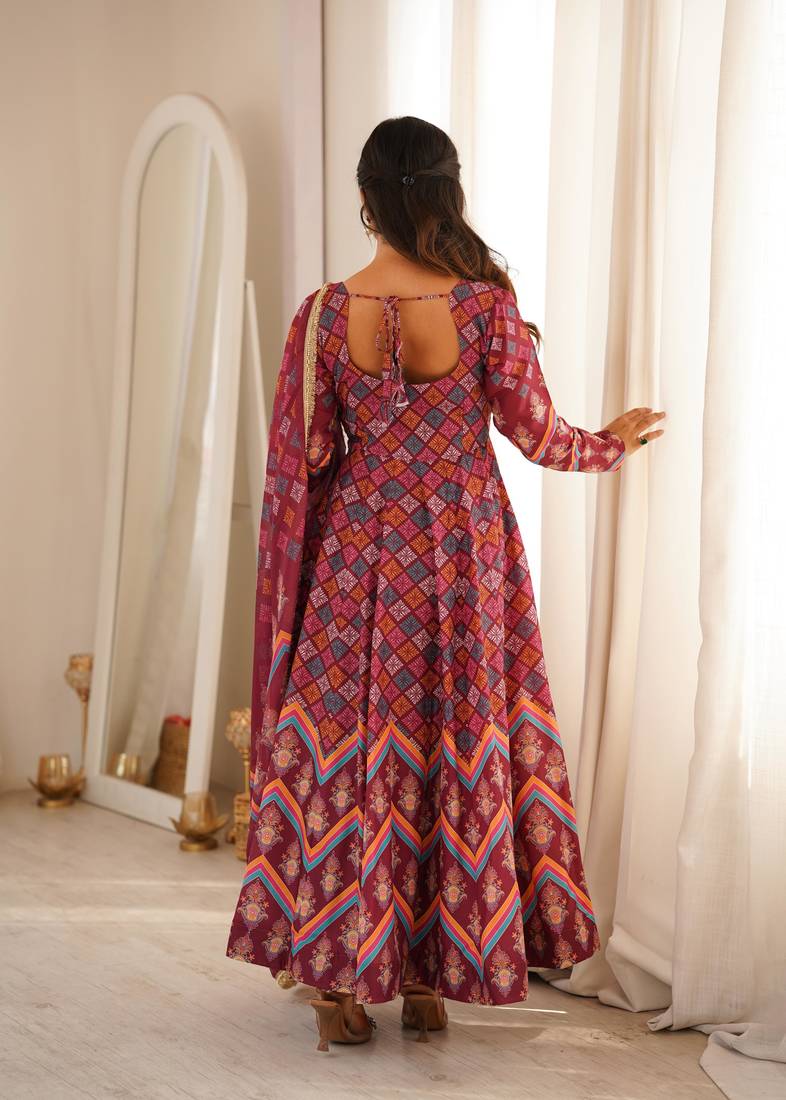 Women's maroon printed anarkali gown suit with gota patti dupatta