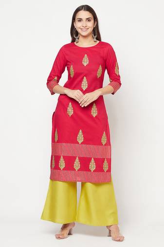 cotton block print straight kurta fuchsia