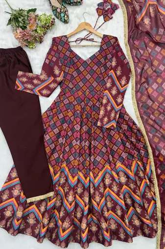 Women's maroon printed anarkali gown suit with gota patti dupatta