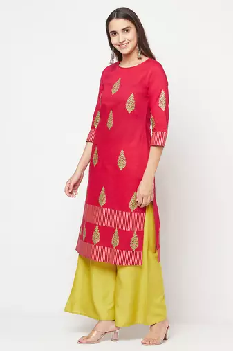 cotton block print straight kurta,fuchsia,(s,m,l,xl,2xl,3xl)