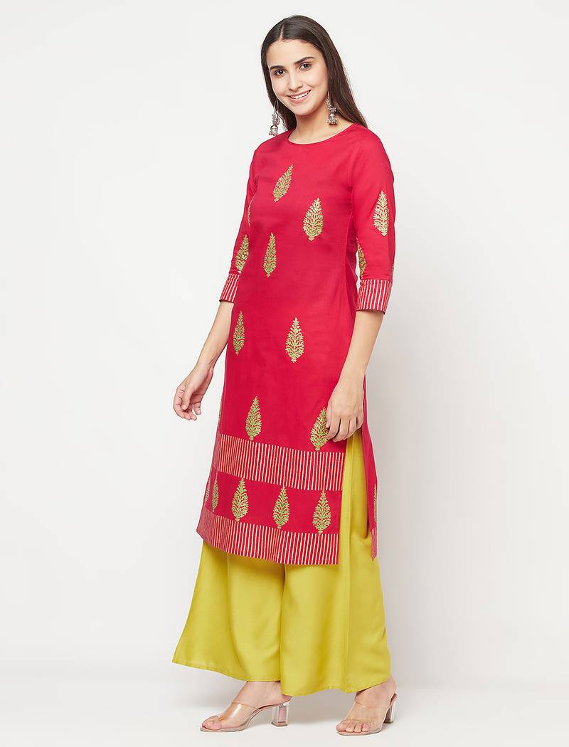 cotton block print straight kurta,fuchsia,(s,m,l,xl,2xl,3xl)