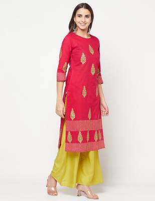 cotton block print straight kurta,fuchsia,(s,m,l,xl,2xl,3xl) 3