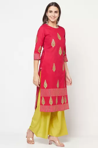 cotton block print straight kurta,fuchsia,(s,m,l,xl,2xl,3xl)