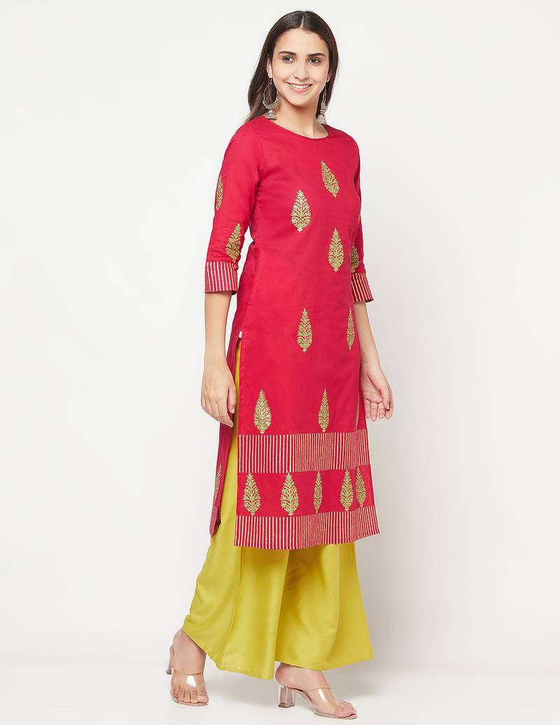 cotton block print straight kurta,fuchsia,(s,m,l,xl,2xl,3xl)