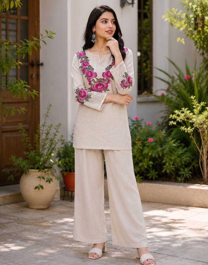 Beige cotton linen floral embroidered kurta and palazzo co-ord set
