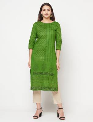 cotton block print straight kurta,green,(s,m,l,xl,2xl,3xl) 1