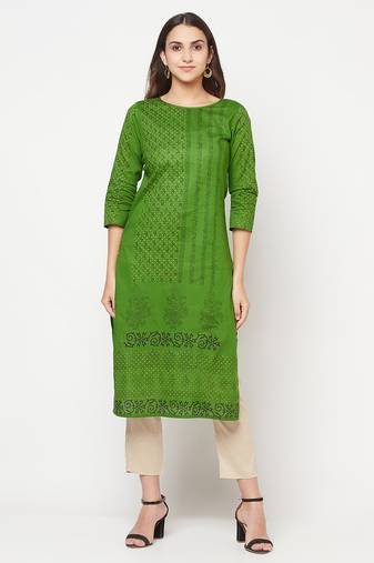 cotton block print straight kurta green