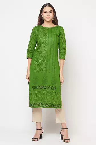 cotton block print straight kurta,green,(s,m,l,xl,2xl,3xl)