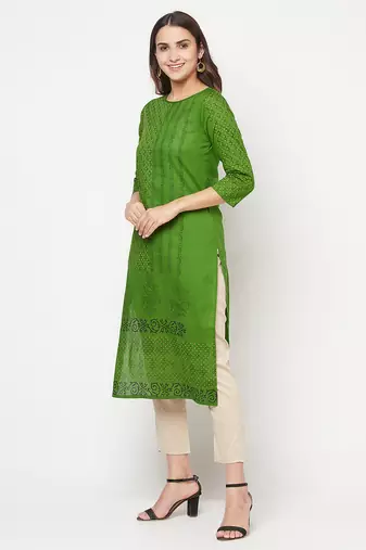 cotton block print straight kurta,green,(s,m,l,xl,2xl,3xl)
