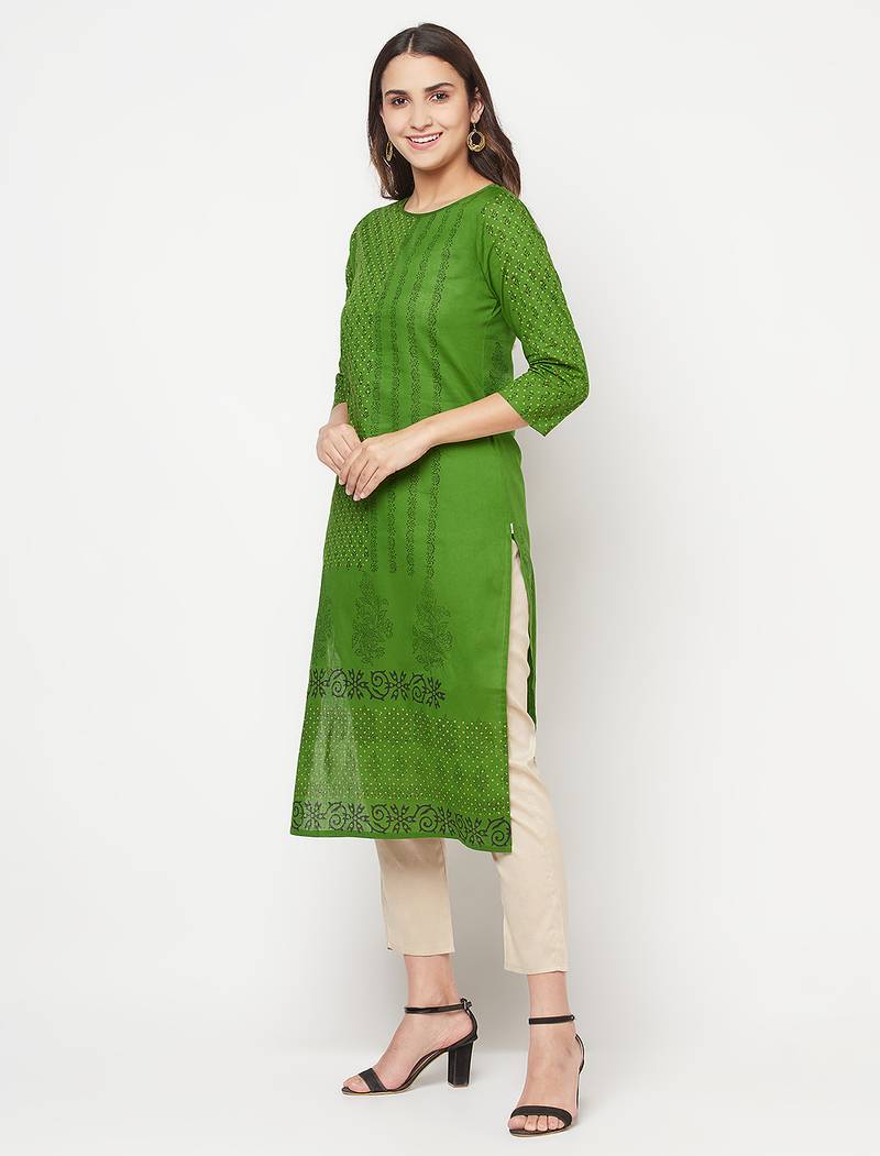 cotton block print straight kurta,green,(s,m,l,xl,2xl,3xl)