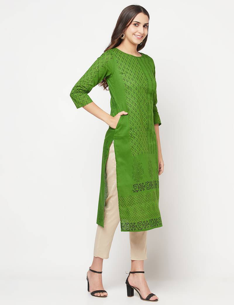 cotton block print straight kurta,green,(s,m,l,xl,2xl,3xl)