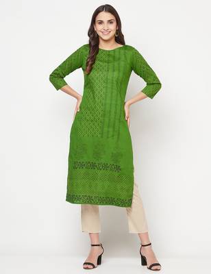 cotton block print straight kurta,green,(s,m,l,xl,2xl,3xl) 5