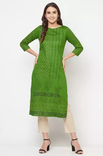 cotton block print straight kurta,green,(s,m,l,xl,2xl,3xl)