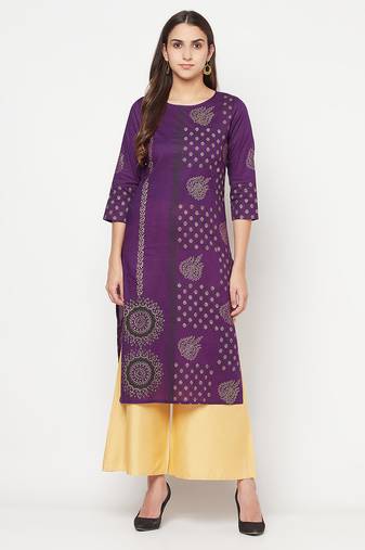 cotton foil print straight kurta purple