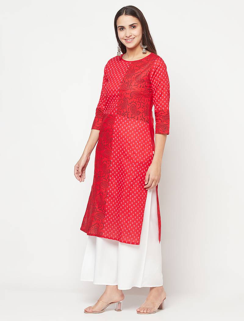 cotton block print straight kurta,red,(s,m,l,xl,2xl,3xl)