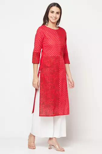 cotton block print straight kurta,red,(s,m,l,xl,2xl,3xl)