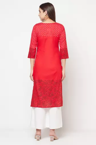 cotton block print straight kurta,red,(s,m,l,xl,2xl,3xl)