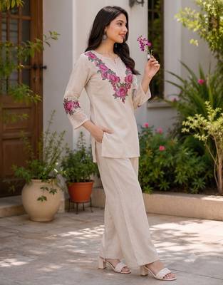 Beige cotton linen floral embroidered kurta and palazzo co-ord set 3