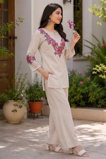Beige cotton linen floral embroidered kurta and palazzo co-ord set