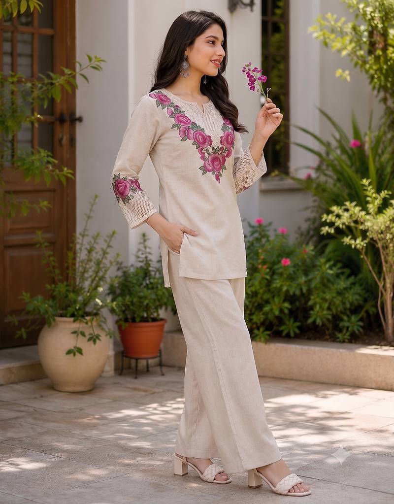 Beige cotton linen floral embroidered kurta and palazzo co-ord set