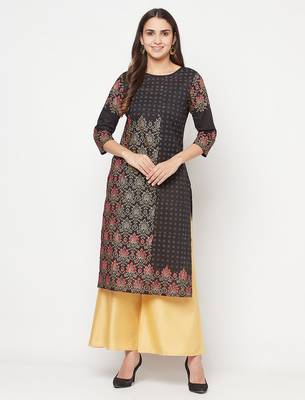 cotton block print straight kurta,black,(s,m,l,xl,2xl,3xl) 1