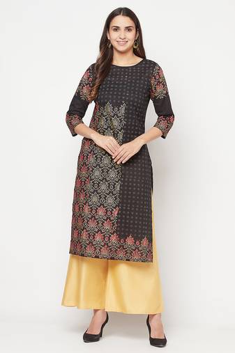 cotton block print straight kurta black