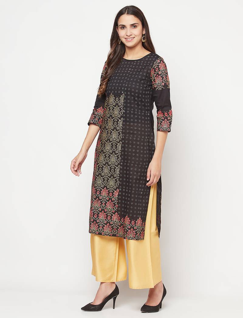cotton block print straight kurta,black,(s,m,l,xl,2xl,3xl)