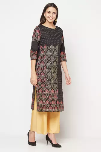 cotton block print straight kurta,black,(s,m,l,xl,2xl,3xl)