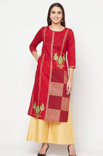 cotton foil print straight kurta maroon