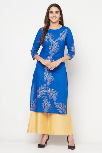 cotton foil print straight kurta royal blue