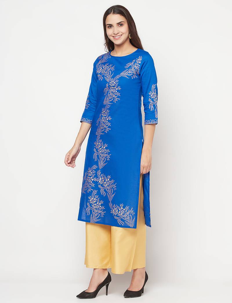 cotton foil print straight kurta,royal blue,(s,m,l,xl,2xl,3xl)