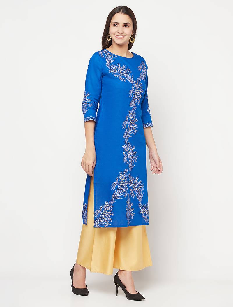 cotton foil print straight kurta,royal blue,(s,m,l,xl,2xl,3xl)