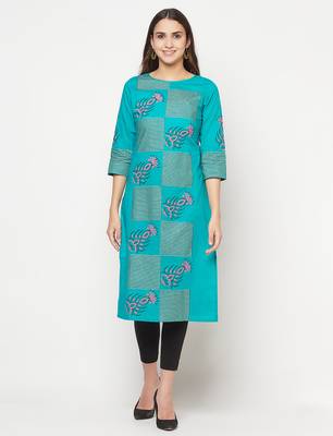cotton block print straight kurta,turquoise,(s,m,l,xl,2xl,3xl) 1