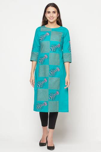 cotton block print straight kurta turquoise