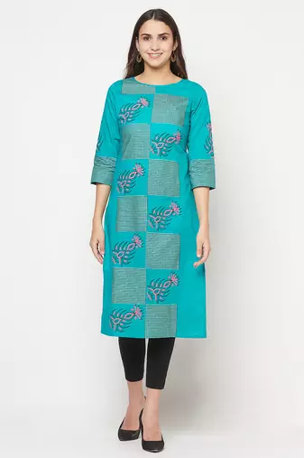cotton block print straight kurta,turquoise,(s,m,l,xl,2xl,3xl)