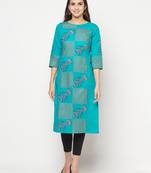 cotton block print straight kurta,turquoise,(s,m,l,xl,2xl,3xl)