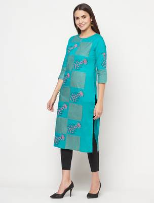 cotton block print straight kurta,turquoise,(s,m,l,xl,2xl,3xl) 2