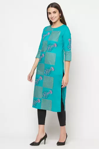 cotton block print straight kurta,turquoise,(s,m,l,xl,2xl,3xl)